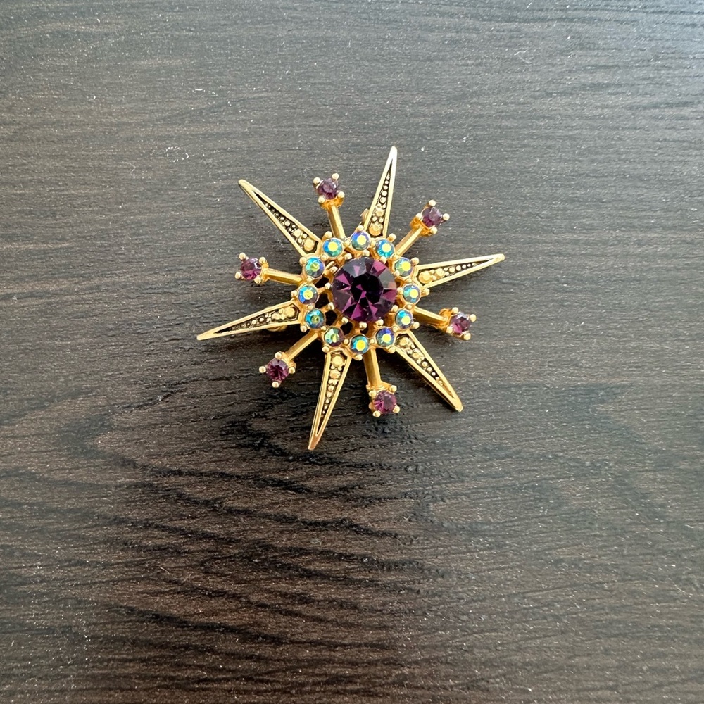 Radiant Gold and Purple Starburst Brooch